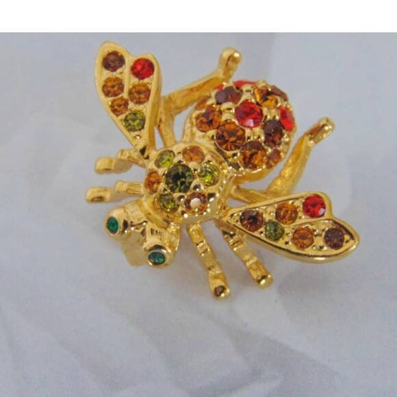 Joan Rivers Pave Crystal BEE PIN Brooch Multi Color Rhinestones Gold Plate - Picture 1 of 5